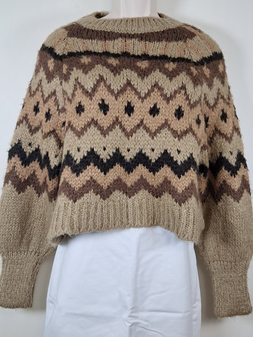 Zara Chunky Knit Sweater Women's Size M Brown Fair Isle Oversized Slouchy Cozy